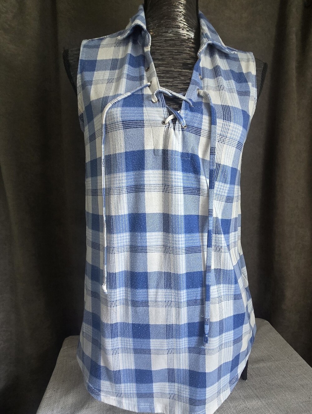 Sleeveless Blue Plaid Lace-Up Women's Top